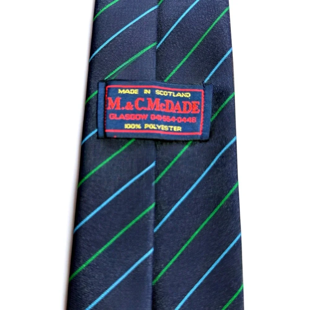 M.&C. McDade Glasgow Mens Tie Navy Blue Green Striped Langbaurgh on Tees Logo